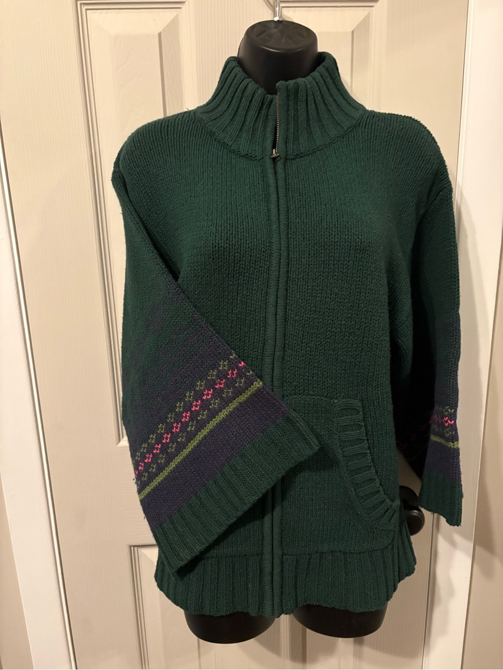 Vtg 90s Old Navy Fair Isle Full Zip Cardigan Sweater Bell Sleeves Green - Picture 2 of 5